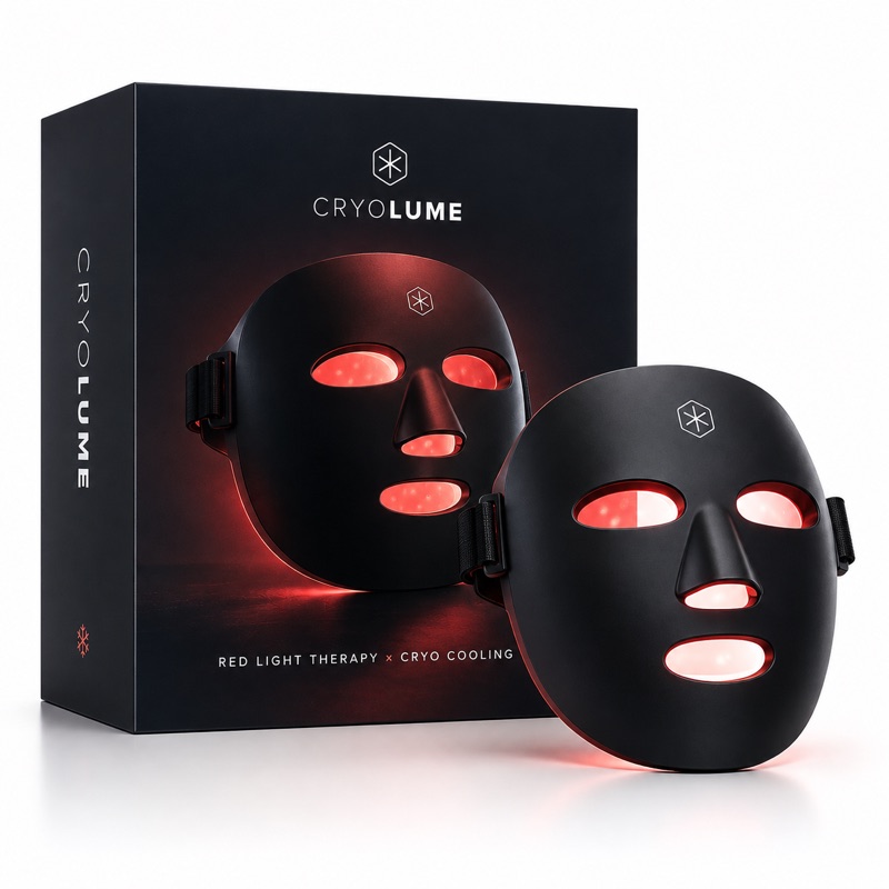 CryoLume LED face mask in matte black silicone, red light glowing through the eye and mouth openings, standing beside its navy retail box